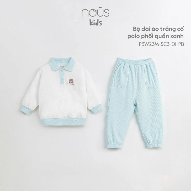 Bộ Nous dài áo trắng cổ polo phối quần xanh