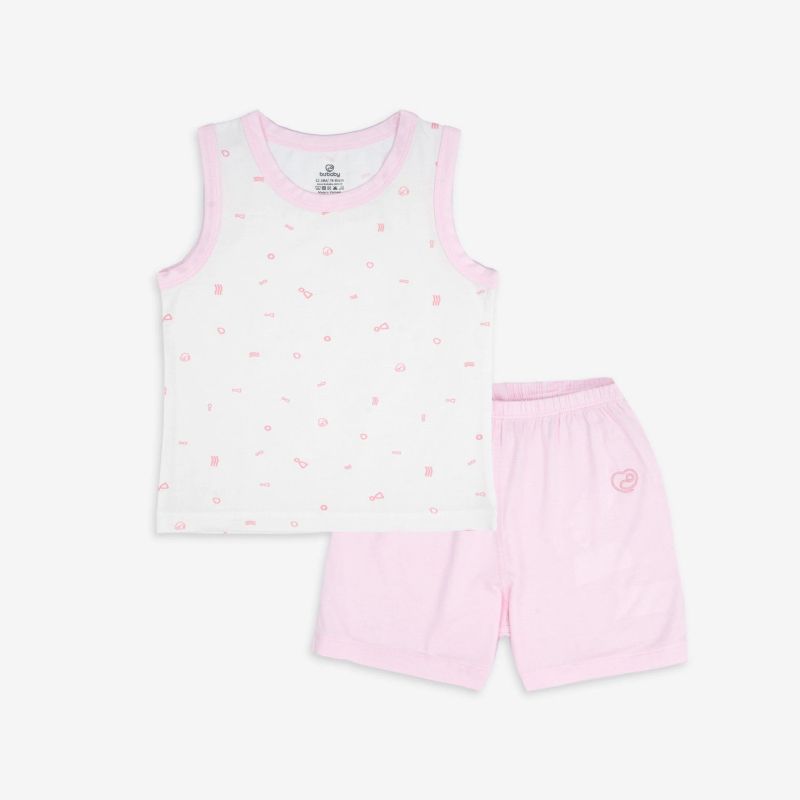 Bộ sát nách cổ tròn Bu Baby Bambus Signature Trắng in Bu Baby hồng