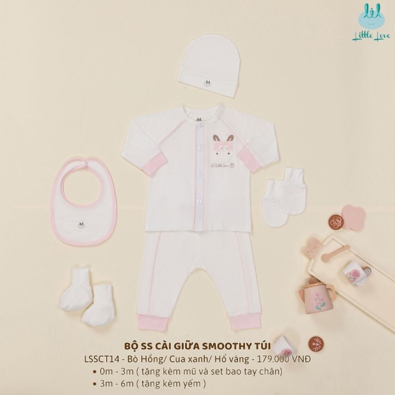 Bộ sơ sinh cài lệch Bamboo by LIL smoothy túi con bò hồng tặng yếm