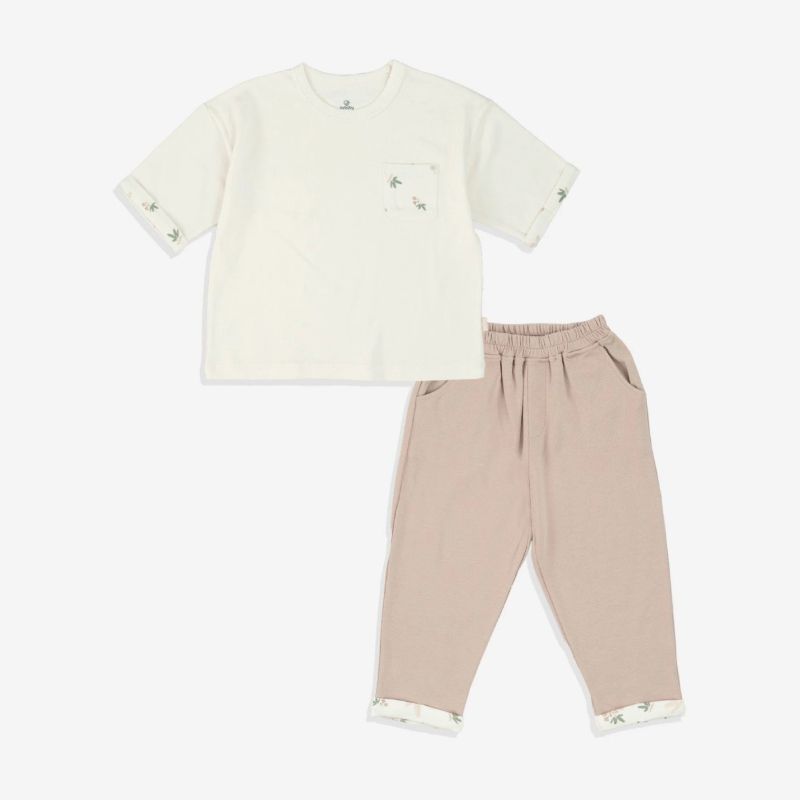 Bộ tay lỡ cổ tròn, quần dài Bu Baby Mimo Be Nâu