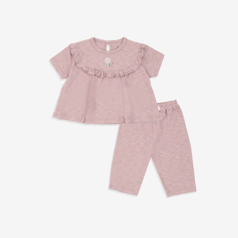 BỘ NGẮN TAY CÀI SAU BÈO NGỰC BU BABY COTTON SLUB MIMO HỒNG TRÀ