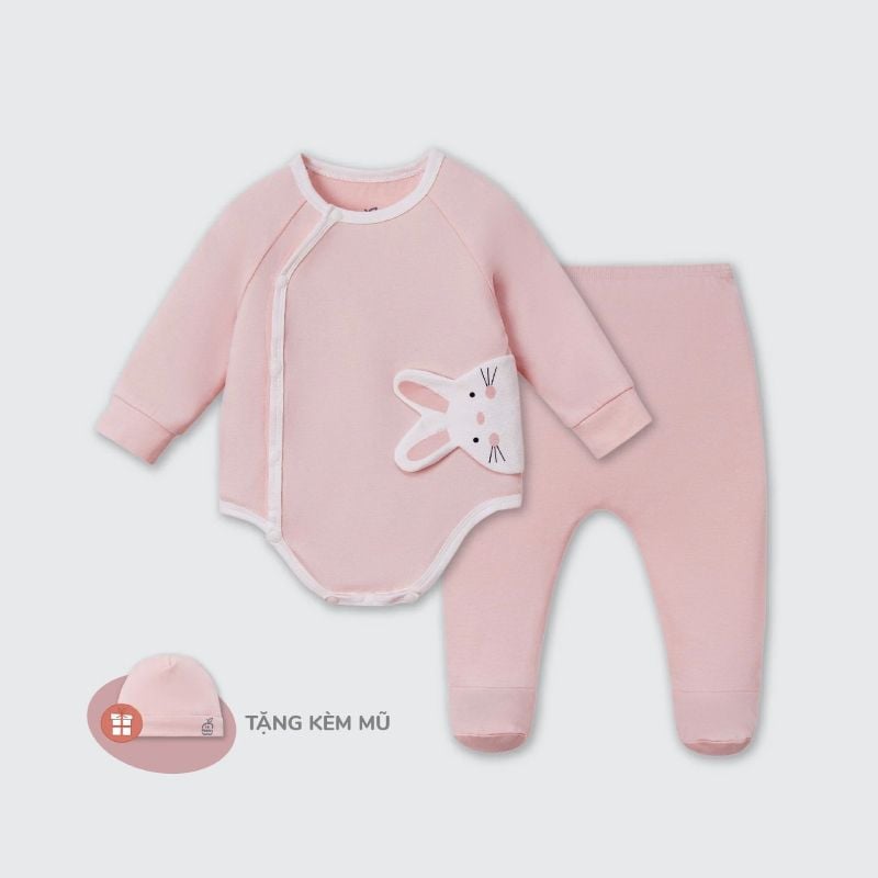 Body chip dài tay La Pomme kèm quần liền tất động vật dễ thương Hồng