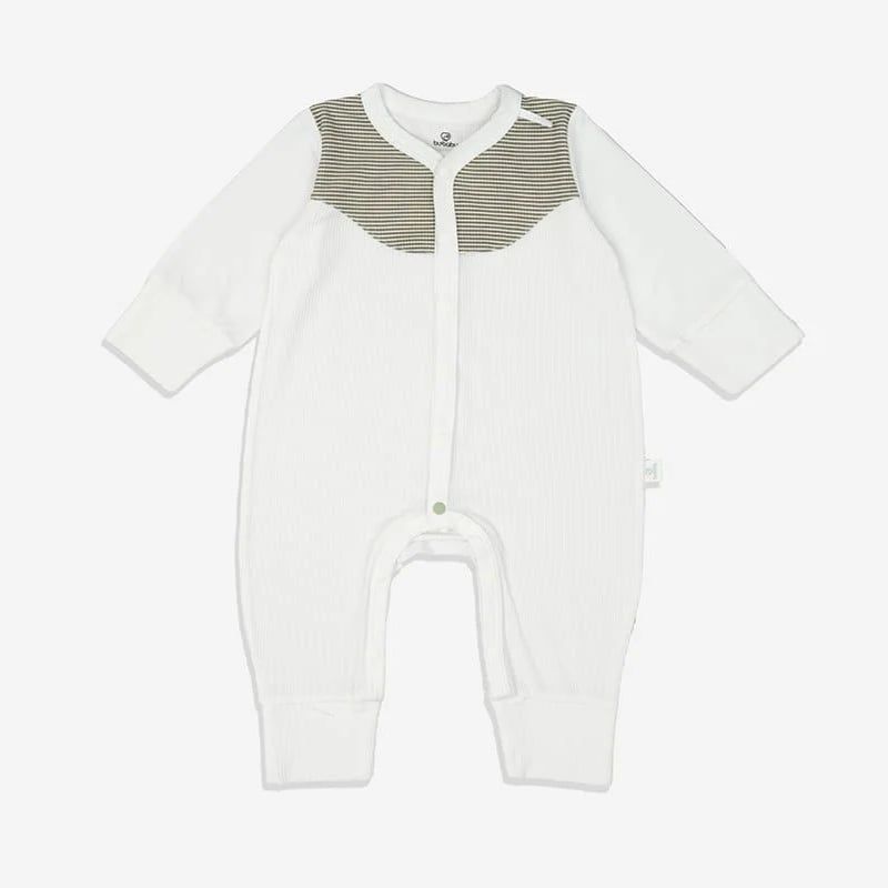 Body dài tay Bu Baby cài giữa Siro Trắng - Kẻ Xanh Olive