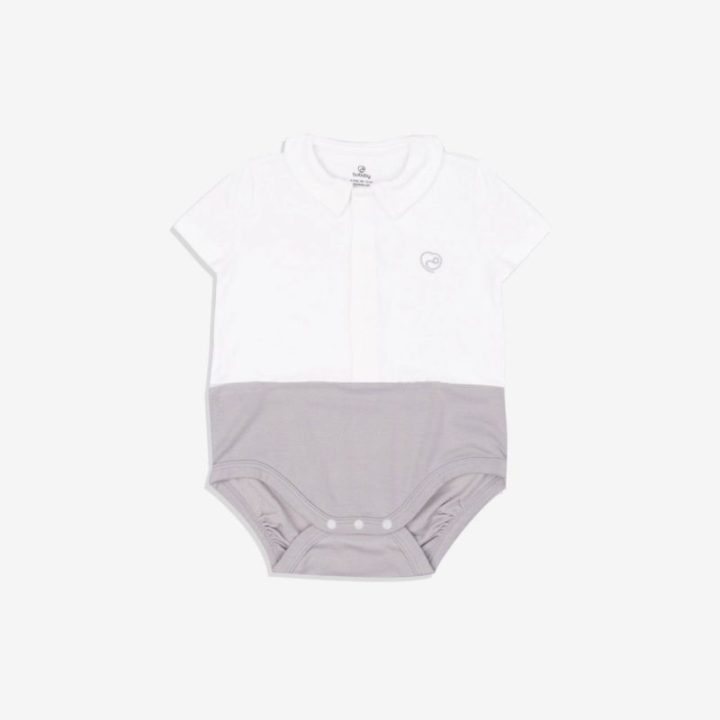 Body chip ngắn tay Bu Baby cài giữa cổ Peter Pan Trắng - Ghi