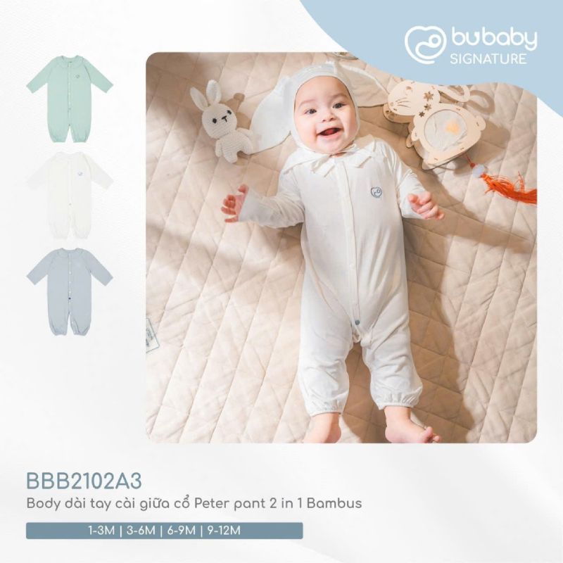 Body dài tay Bu Baby cài giữa cổ Peter pant 2 in 1 Bambus Xanh matcha
