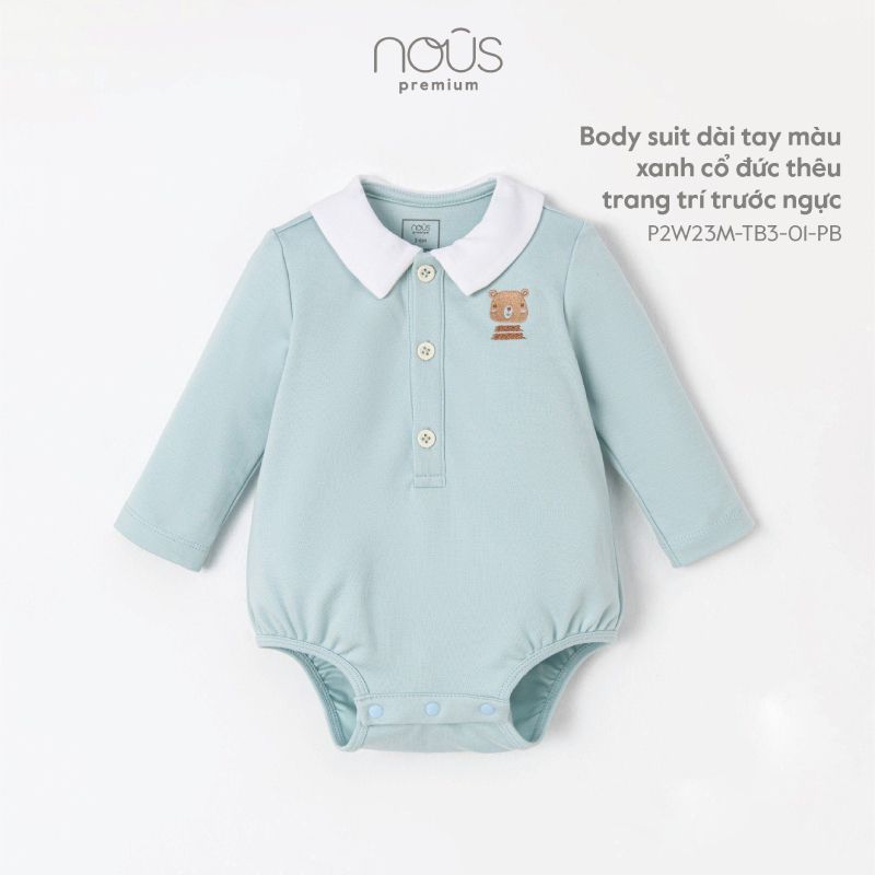 BODYSUIT NOUS DÀI TAY MÀU XANH CỔ ĐỨC THÊU TRANG TRÍ TRƯỚC NGỰC