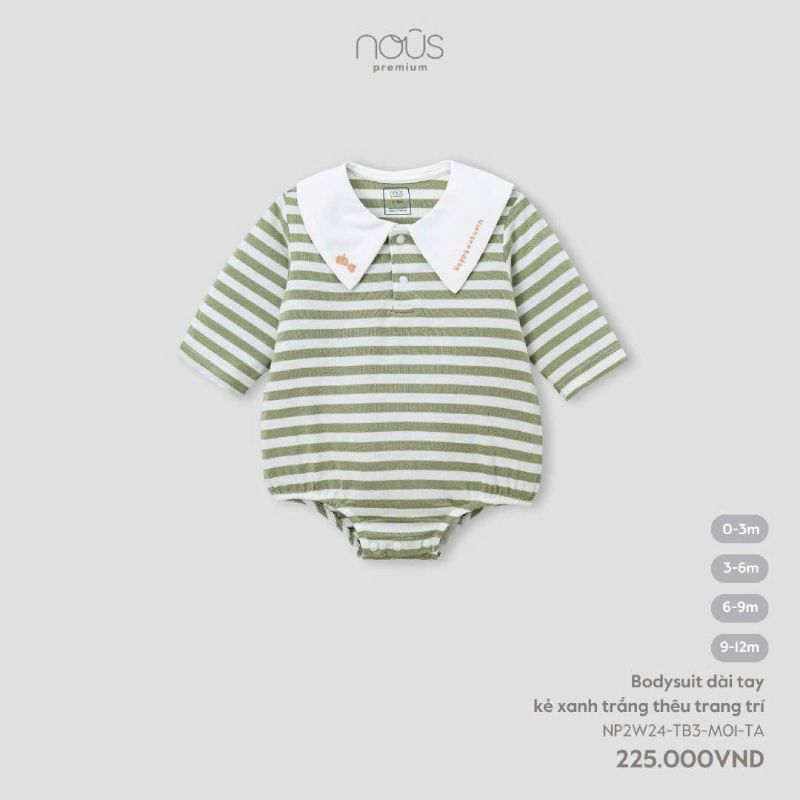 Bodysuit dài tay Nous kẻ xanh trắng thêu trang trí