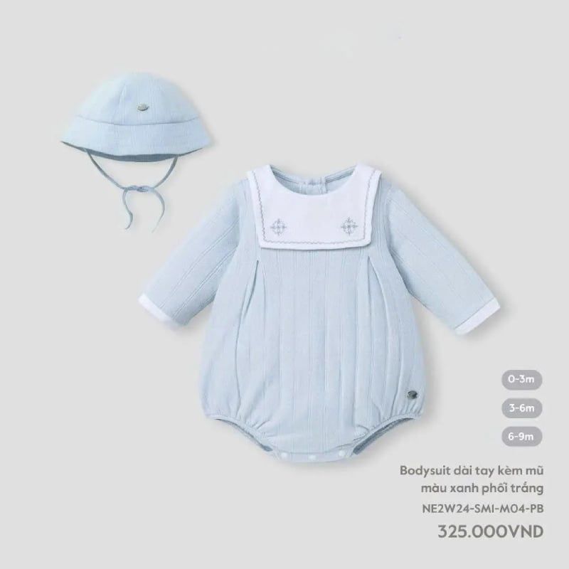 BODYSUIT NOUS DÀI TAY KÈM MŨ MÀU XANH PHỐI TRẮNG