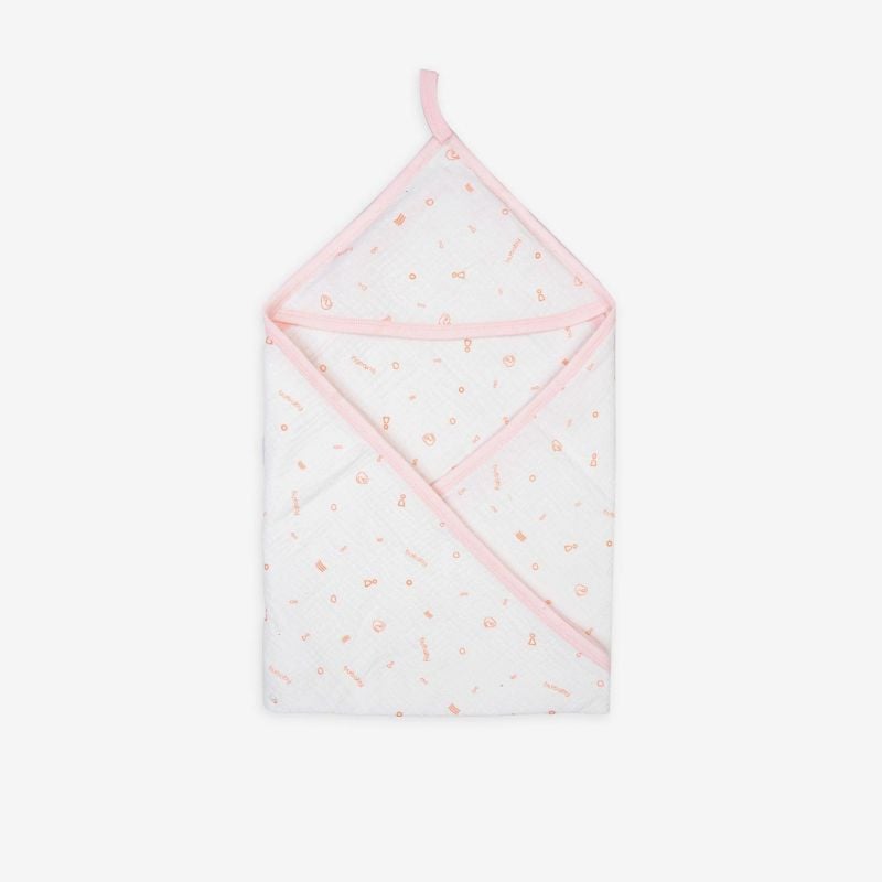 CHĂN Ủ CÓ MŨ BU BABY MUSLIN TRẮNG IN BUBABY HỒNG CAM