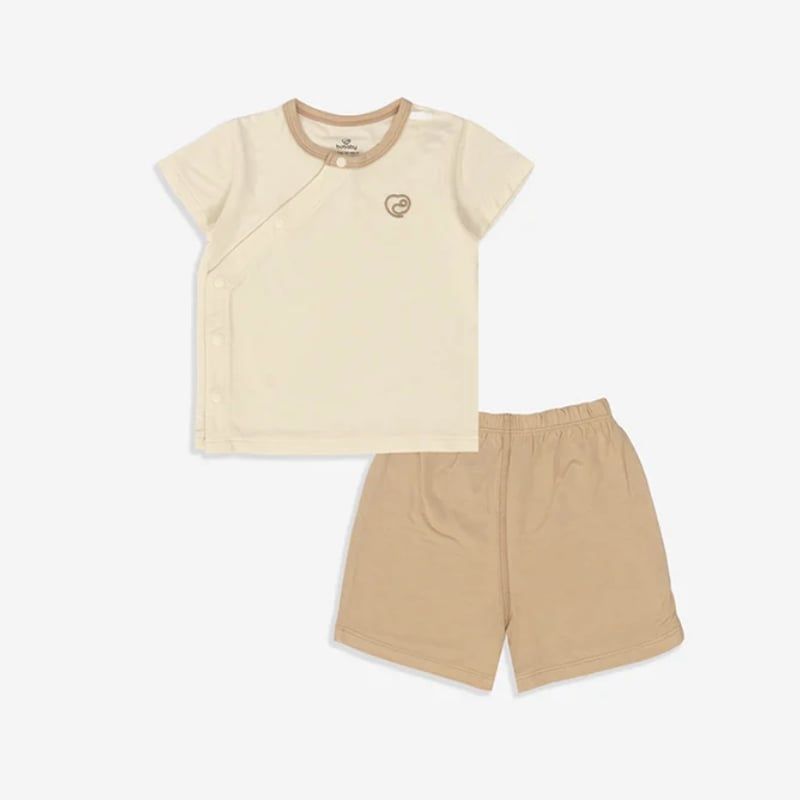 Bộ ngắn tay Bu Baby cài chéo Bambus Kem - Be nâu