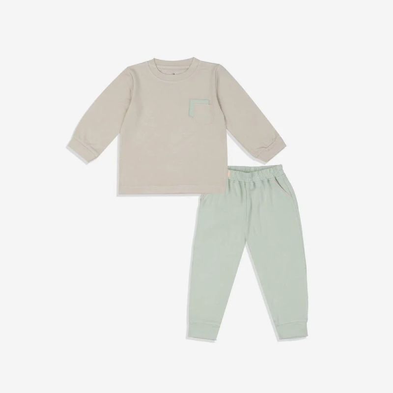 Bộ dài tay Bu Baby Cổ tròn túi ngực Be - xanh matcha