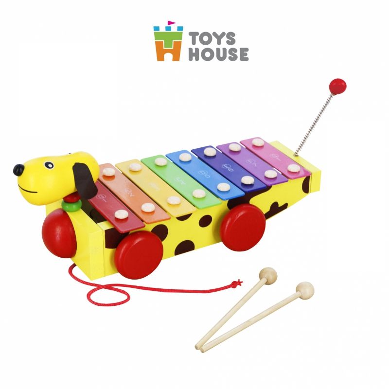 ĐỒ CHƠI GỖ - ĐÀN CHO BÉ KẾT HỢP XE KÉO HÌNH CÚN – ĐÀN XYLOPHONE CẦU VỒNG - TOYS HOUSE 1152