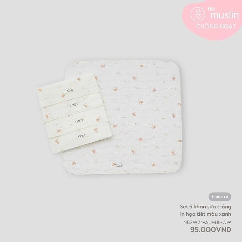 SET 5 KHĂN SỮA NOUS TRẮNG IN HỌA TIẾT MÀU XANH