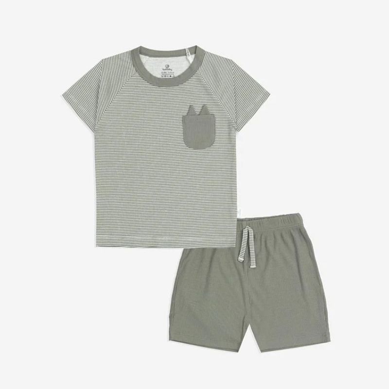 Bộ ngắn tay Bu Baby cổ tròn Túi ngực Siro Kẻ xanh olive - Xanh olive