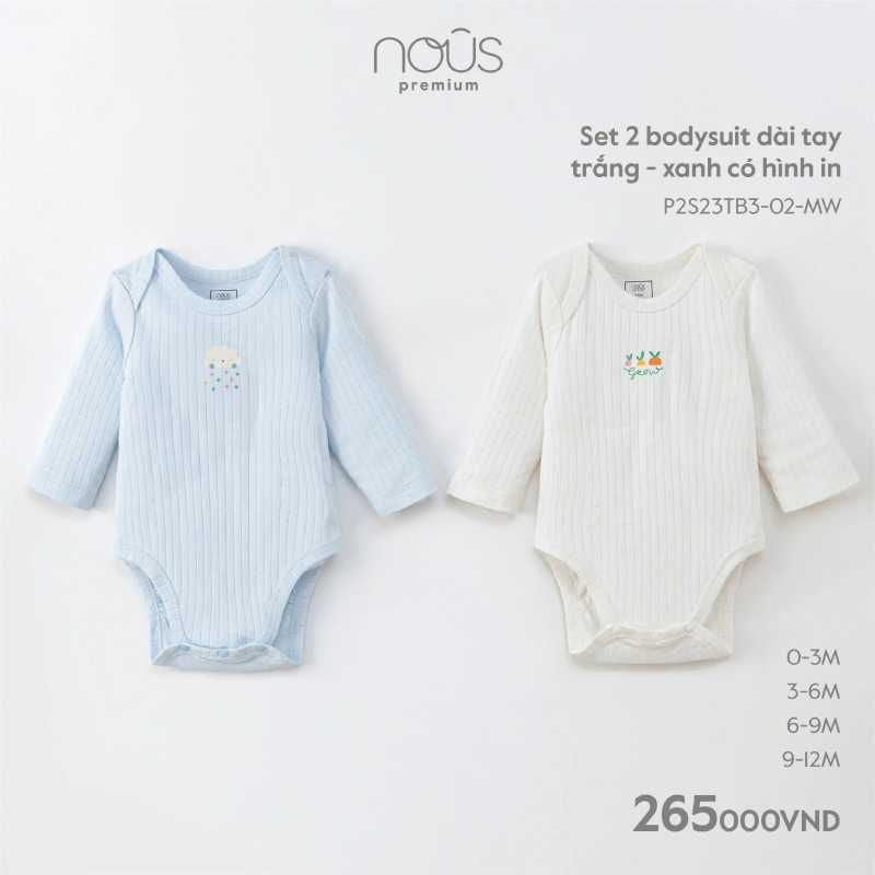 SET 2 BODYSUIT NOUS DÀI TAY TRẮNG - XANH CÓ HÌNH IN