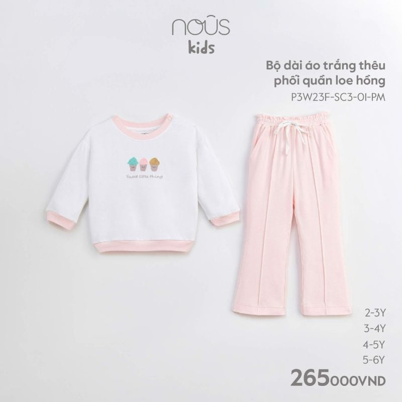 BỘ DÀI NOUS ÁO TRẮNG THÊU PHỐI QUẦN LOE HỒNG 01