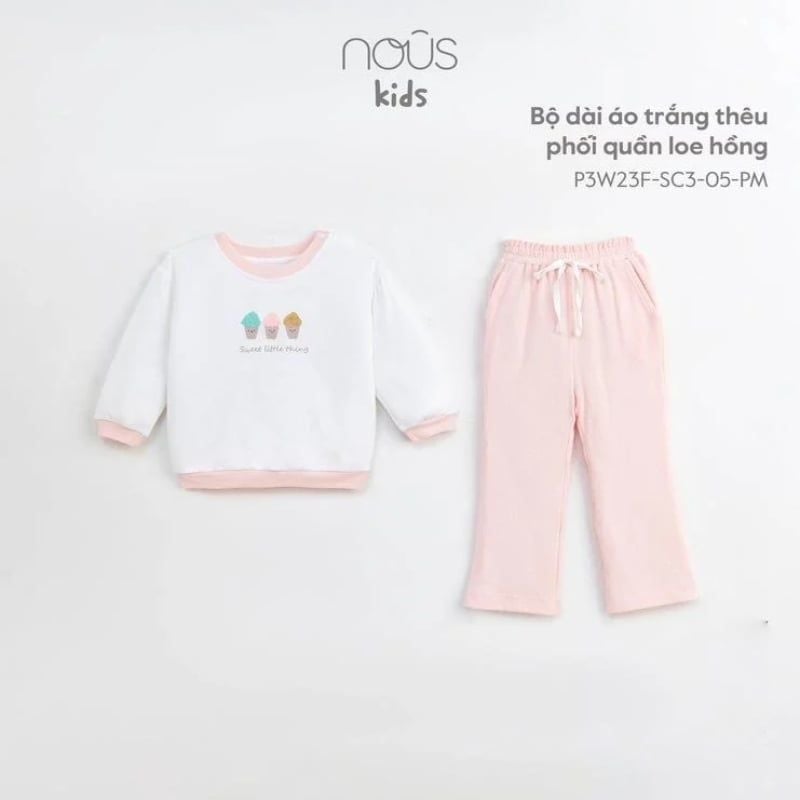 BỘ DÀI NOUS ÁO TRẮNG THÊU PHỐI QUẦN LOE HỒNG