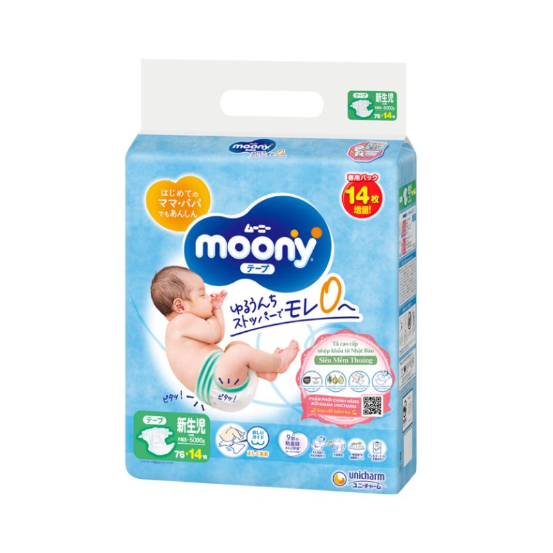 BỈM DÁN MOONY XANH TIÊU CHUẨN SIZE NEWBORN 76+14
