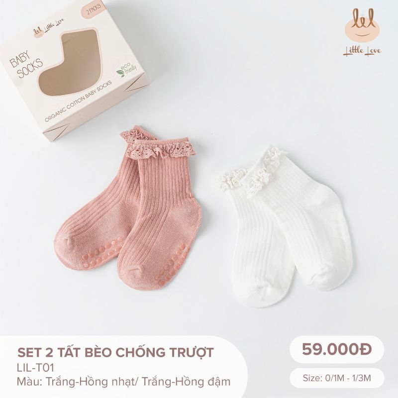 Set 2 tất Bamboo by LIL lông cừu chống trượt trắng + hồng đậm