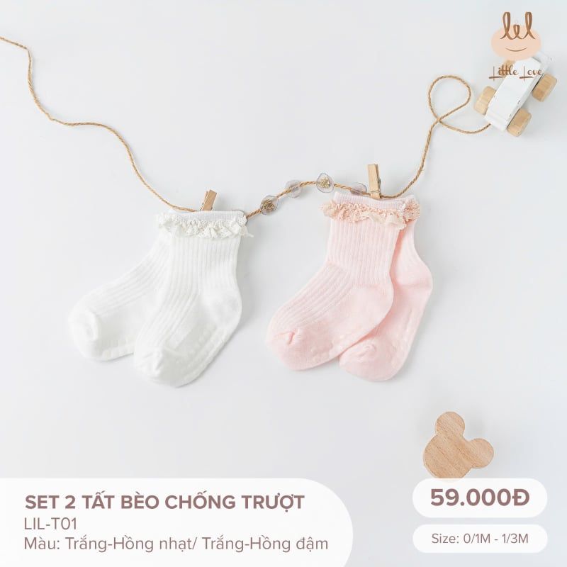 Set 2 tất Bamboo by LIL lông cừu chống trượt trắng + hồng nhạt
