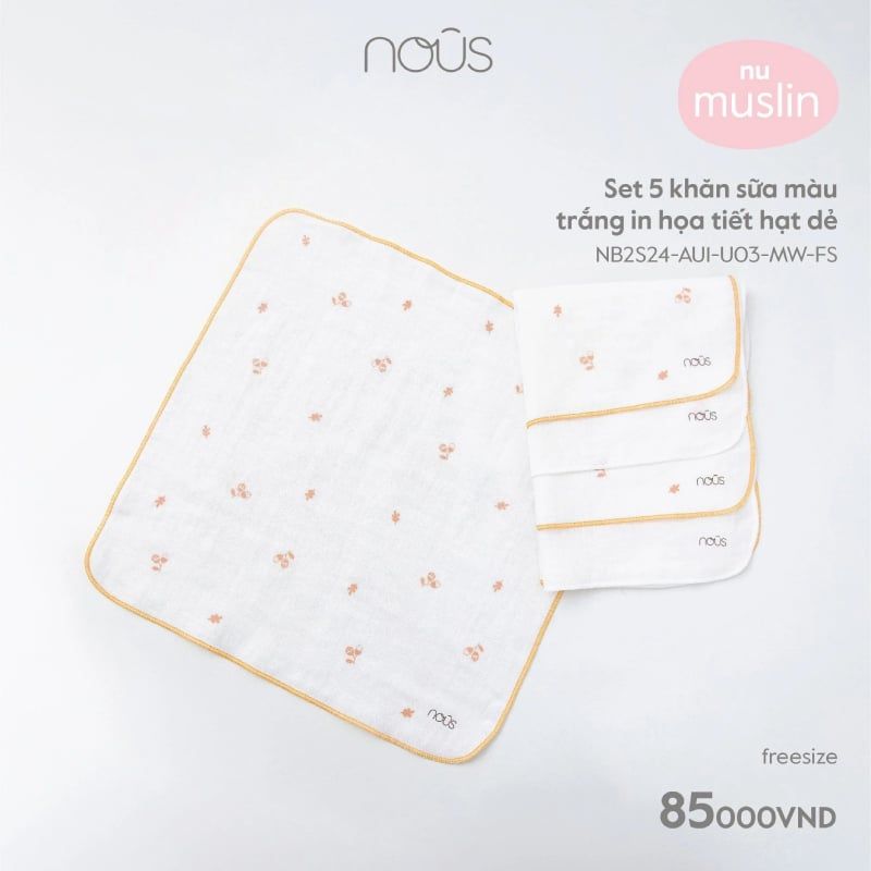 SET 5 KHĂN SỮA MÀU TRẮNG IN HỌA TIẾT HẠT DẺ