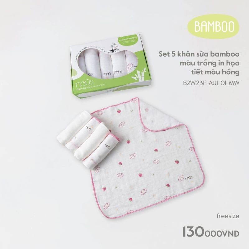 Set 5 khăn sữa Nous bamboo trắng in họa tiết gấu