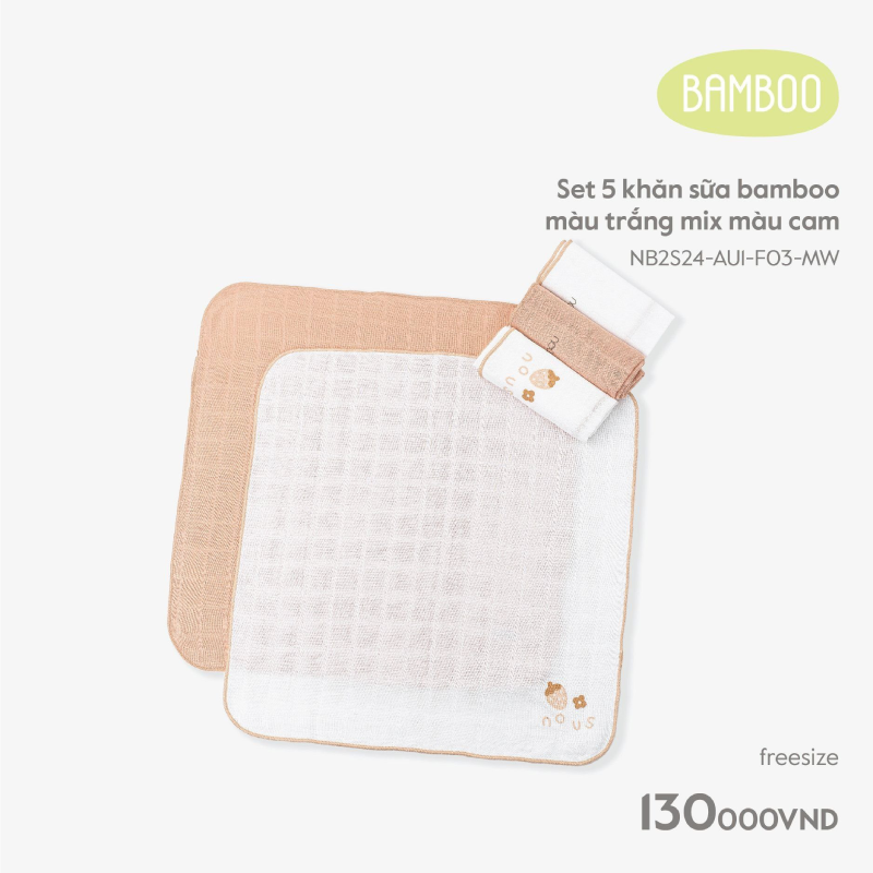 Set 5 khăn sữa Nous bamboo trắng in họa tiết màu cam