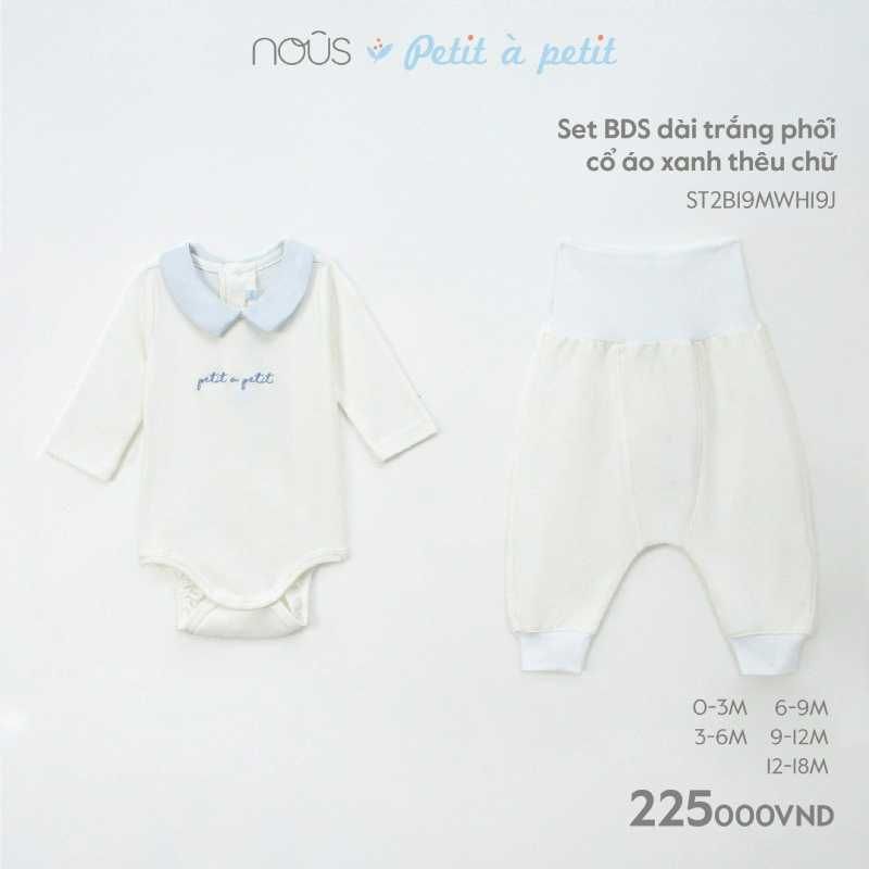 Set Body suit dài trắng phối cổ áo xanh thêu chữ