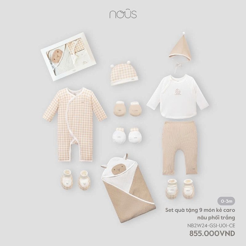 Set quà tặng 9 món Nous kẻ caro nâu phối trắng