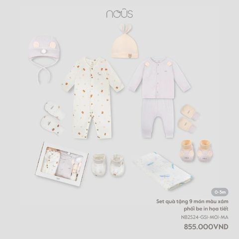 Set quà tặng Nous 9 món màu xám phối be in họa tiết 0M