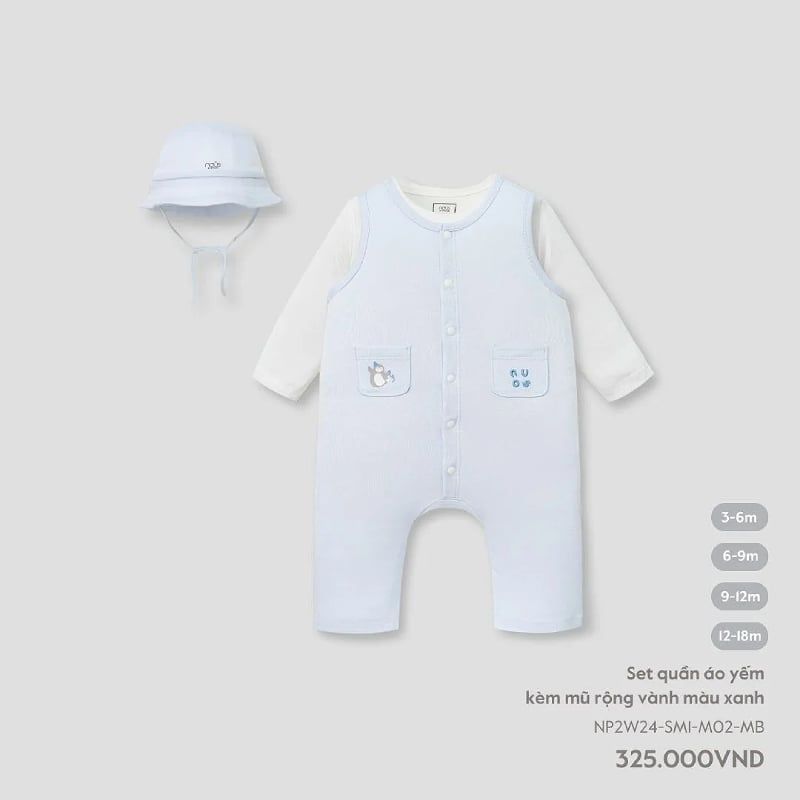 Set quần áo yếm Nous kèm mũ rộng vành màu xanh
