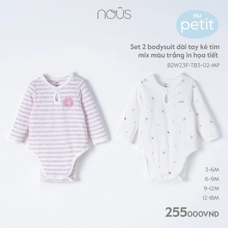 Set 2 bodysuit dài tay Nous kẻ tím mix màu trắng in họa tiết