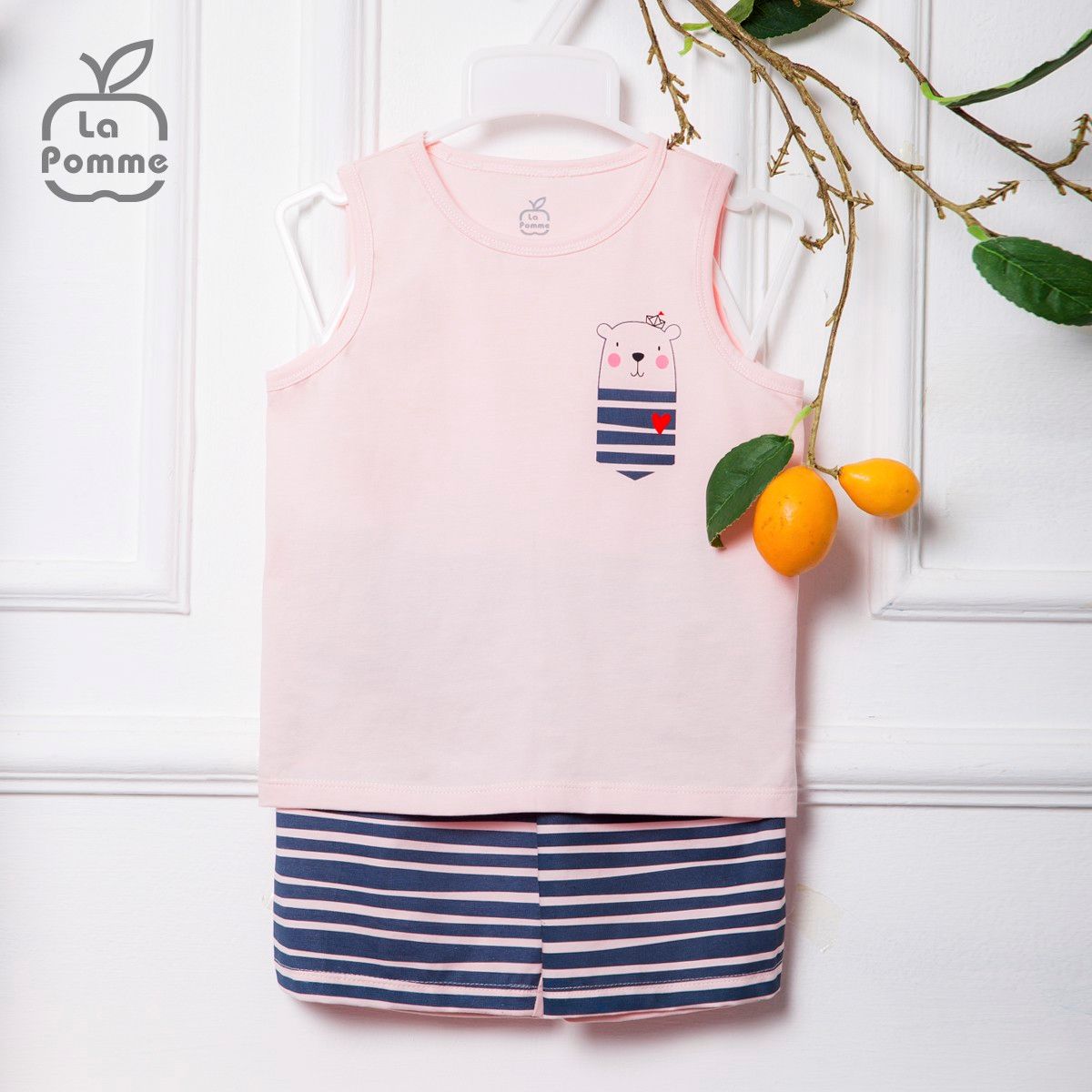 La Pomme - SS110 Bộ ba lỗ túi ngực Gấu con- Hồng