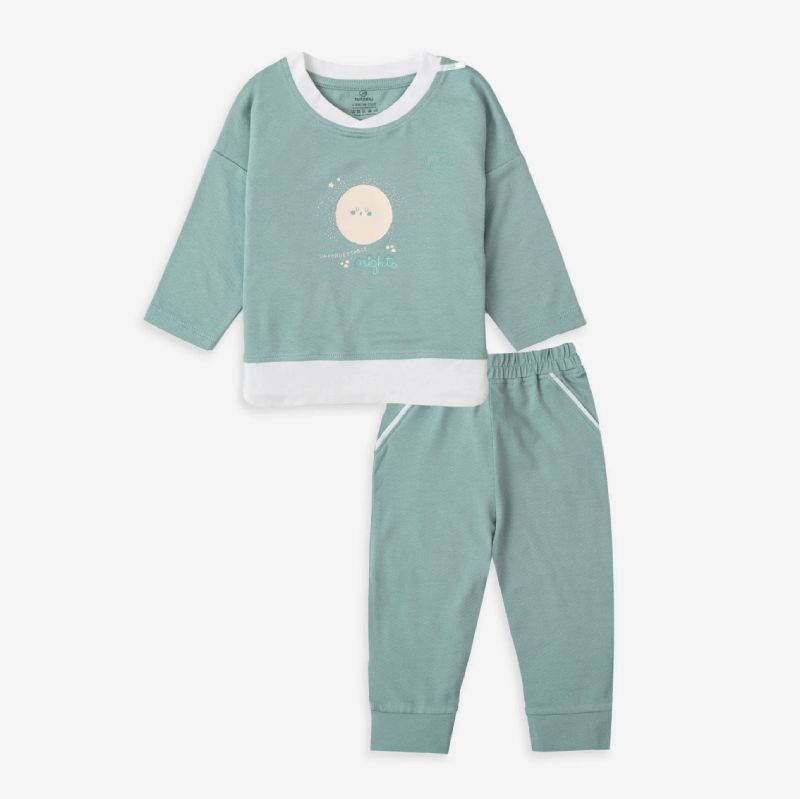 Bộ dài tay cổ tròn Bu Baby Bamco Jacquard xanh ghi