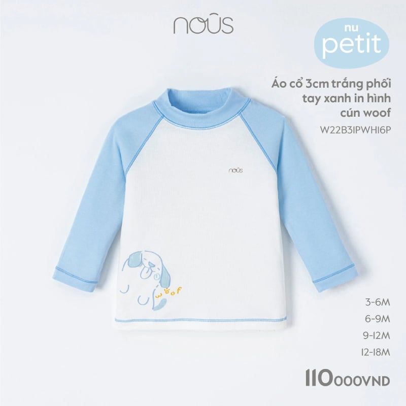 Áo cổ 3cm Nous trắng phối tay xanh in hình cún woof