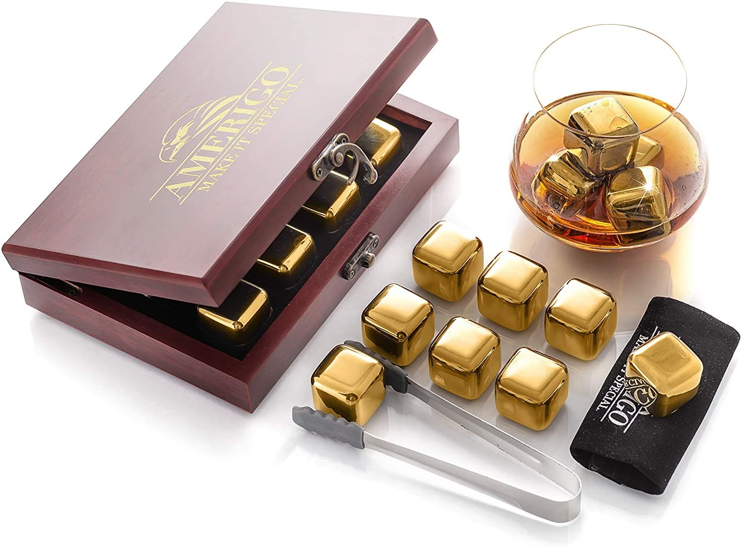 Amerigo Gold Stainless Steel Whiskey Stones Gift Set in Beautiful Wood –  Tila's House