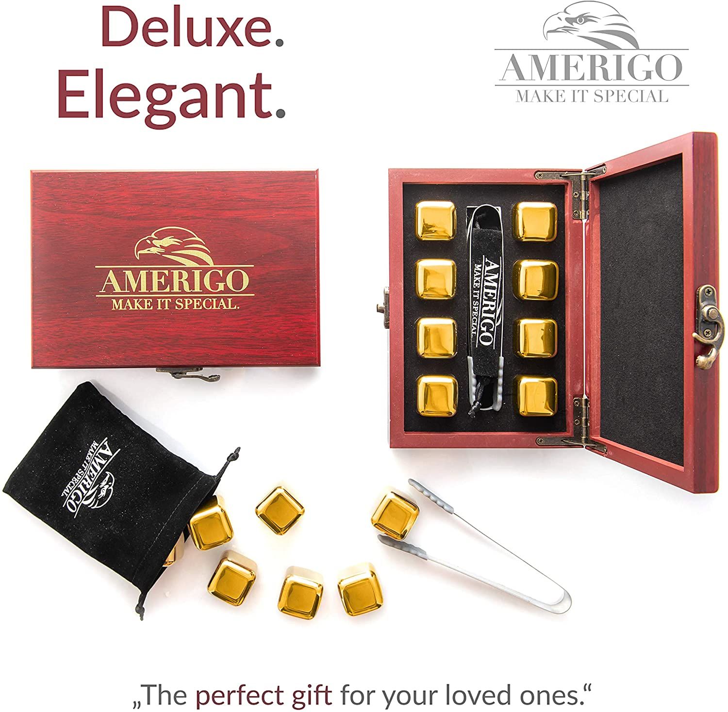 Amerigo Gold Stainless Steel Whiskey Stones Gift Set in Beautiful Wood – Tila's House