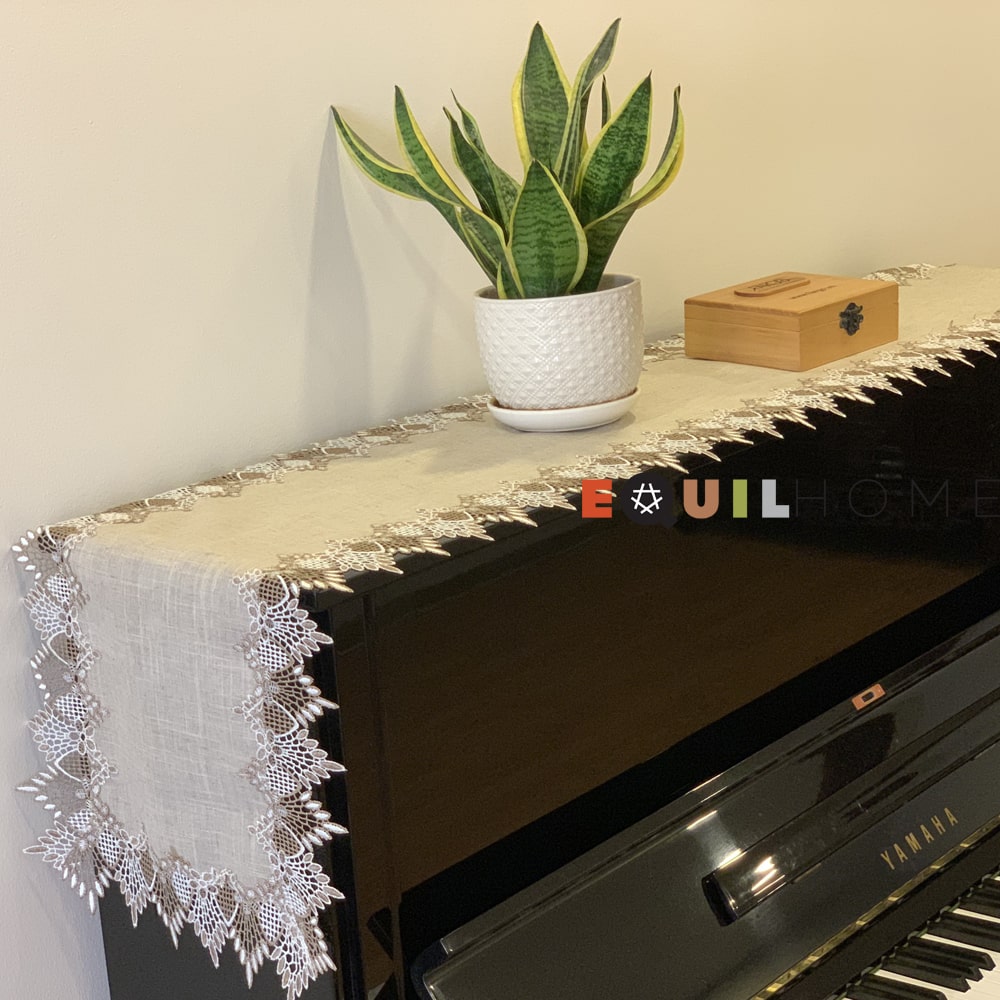 Khăn trải bàn Equilhome (40cmx220cm) khăn runner, chất liệu linen phối ren màu be sang trọng, trang nhã, thích hợp dùng cho phòng ăn, phòng khách, các bữa tiệc - EQ857