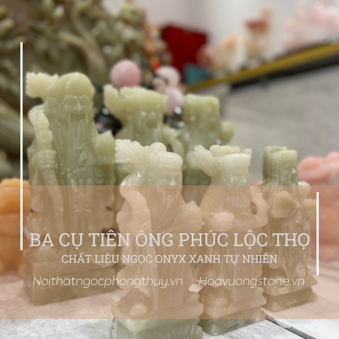 Ba cụ địa tiên Phúc Lộc Thọ ngọc onyx xanh tự nhiên