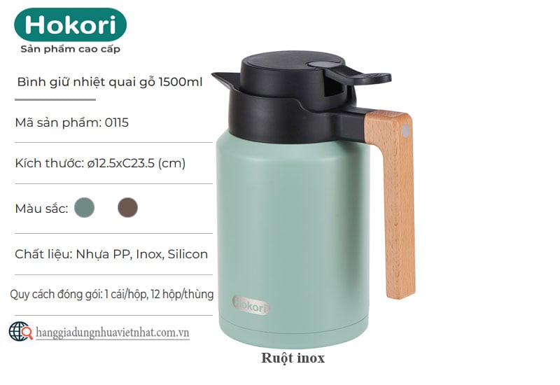 Bình giữ nhiệt quai gỗ 1500ml Hokori 0115