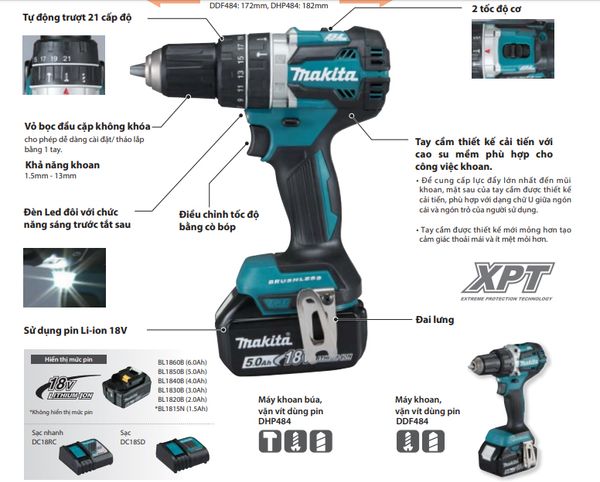 Máy khoan vặn vít dùng pin Makita DDF484RFE