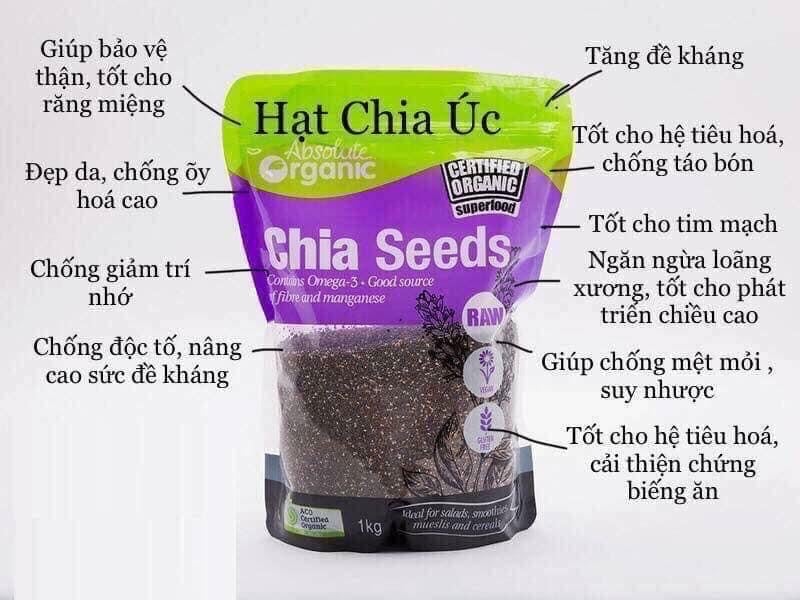 Hạt Chia Seeds Úc Túi Tím Absolute Organic 1kg xịn mẩu mới , ( hàng nội địa  Úc về nguyên túi )