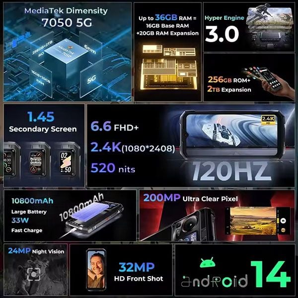  [GIẢM GIÁ ĐÓN XUÂN] HOTWAV Hyper 7 Pro 5G | 36GB (16+20)GB 256GB, 200MP,  6.6'' FHD+, 120Hz, 10800mAh, NFC, 33W, Android 14 