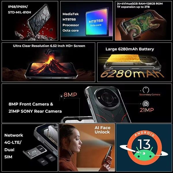  HOTWAV T7S 4G | 8GB (4+4), 128GB ROM, 6.52'' HD+, 6280mAh Battery, 21MP, Android 13, NFC. 
