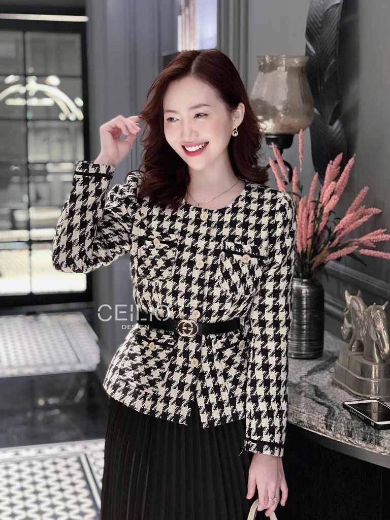 DT05_Dạ Tweed cổ tròn họa tiết caro
