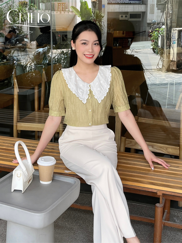 SM177 CG Xanh cổ phối ren trắng