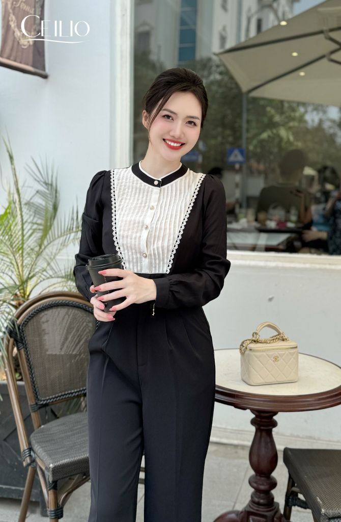 SM365 Somi Đen Phối Xếp Ly