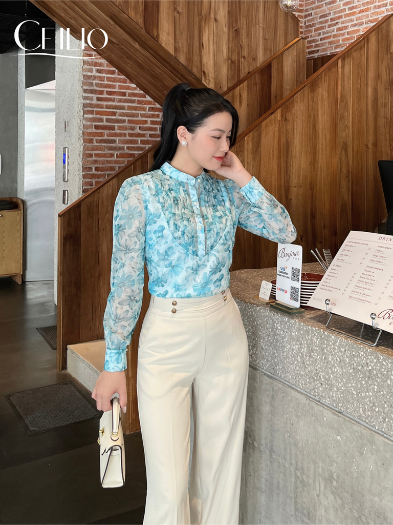 SM175 CG sơ mi hoa xanh loang chiết li