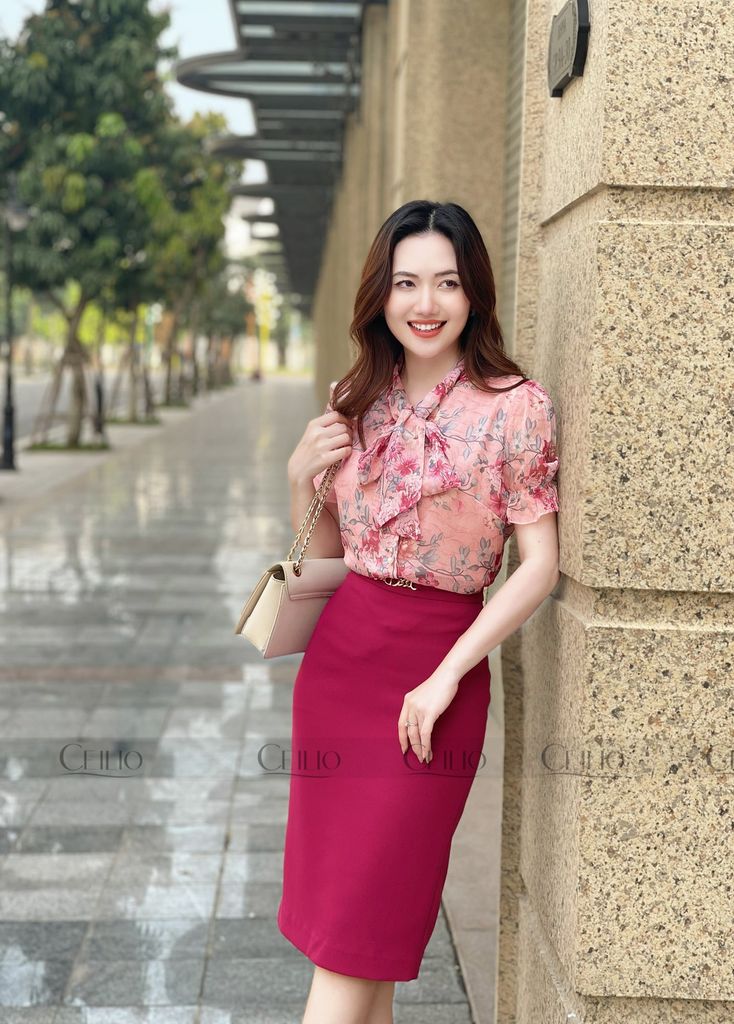 SM298 Somi cổ nơ họa tiết lá ghi