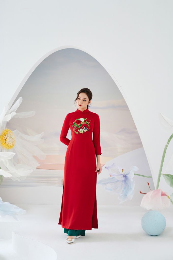 AD023 Áo dài thêu hoa tròn và chim